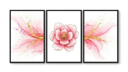 A triptych of framed watercolor art featuring a central pink flower and abstract floral designs with gold accents