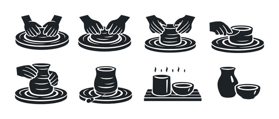 Monochrome pottery crafting icons depicting hands and ceramic objects