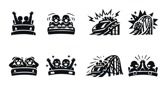 Minimal icon set of roller coaster rides in monochrome silhouette style