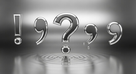 Shiny metallic exclamation mark and question marks above liquid surface with ripples, representing uncertainty, curiosity, and solution finding