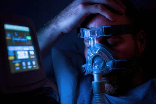 Sleep apnea insomnia close up man hand fumbling tired mask medical device night Exhausted man with sleep apnea wearing breathing mask hand forehead illuminated by blue light showing fatigue