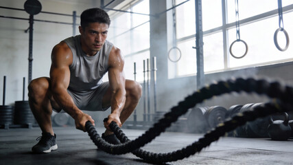 Obraz na płótnie Canvas Athletic Man Doing High Intensity Battle Ropes Workout in Industrial Gym, Strength and Fitness