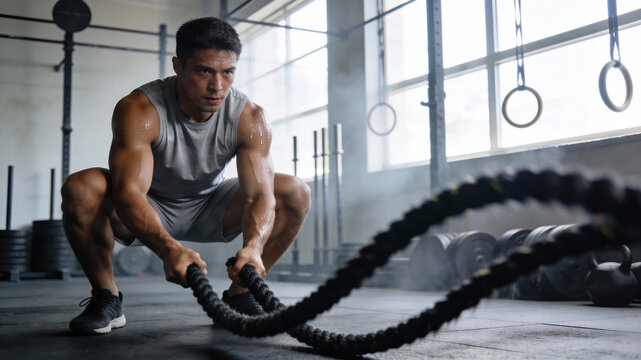 Athletic Man Doing High Intensity Battle Ropes Workout in Industrial Gym, Strength and Fitness