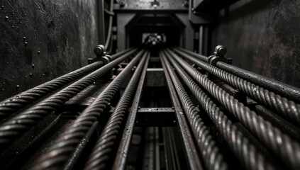 Close up of heavy duty steel wire ropes inside an industrial elevator shaft