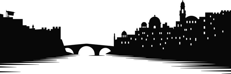 Fototapeta premium Riverside old town city silhouette with arched bridge historic skyline panorama black and white urban landscape vector illustration