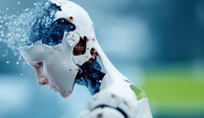 White humanoid robot profile shows futuristic intelligence with splashing particles.