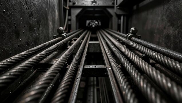 Close up of heavy duty steel wire ropes inside an industrial elevator shaft