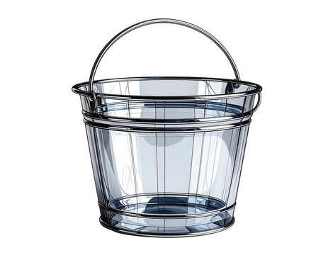 Transparent, reflective metal bucket with arched handle on black background