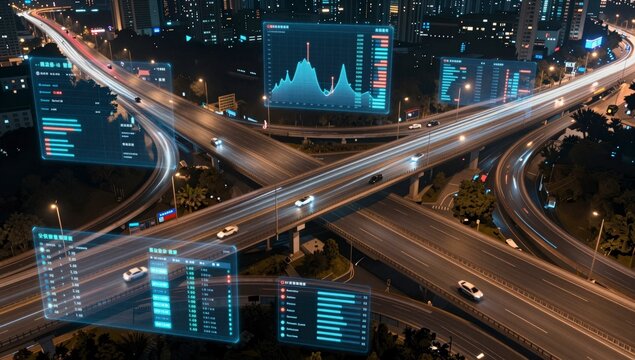 Futuristic city highway interchange at night with glowing data screens hovering above