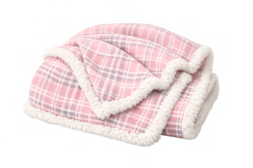 Pink plaid blanket with sherpa fleece lining providing warmth and comfort on a transparent background