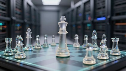 Clear glass chess pieces arranged on a board in a server room king strategy