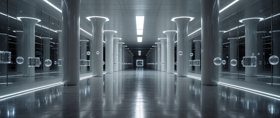 Modern architectural space with glossy surfaces and glowing lights