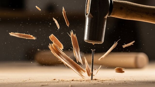 Hammer striking nail, splintering wood in dynamic motion, close-animated movie action shot