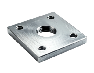 Metallic square plate with central threaded opening and bolt holes