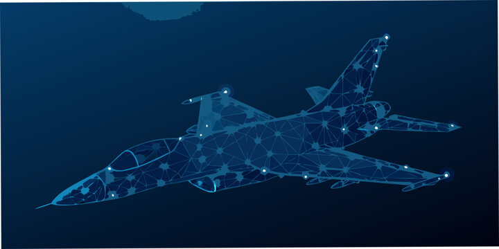 Futuristic fighter jet depicted with a glowing polygonal wireframe design