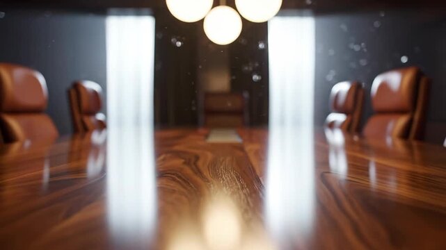 Polished Dark Walnut Conference Table in Boardroom with Wood Grain 3D Render