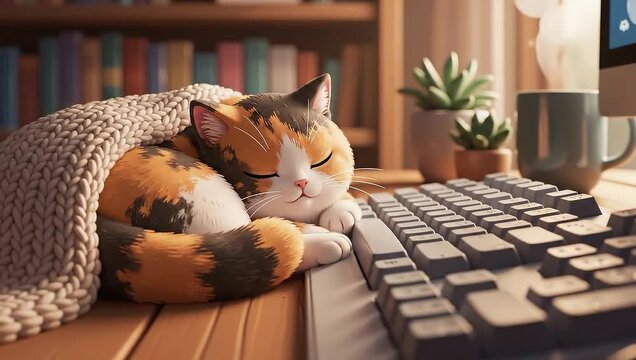 Cozy Cat Nap - A Calicos Keyboard Snooze in a Warm Home Office.