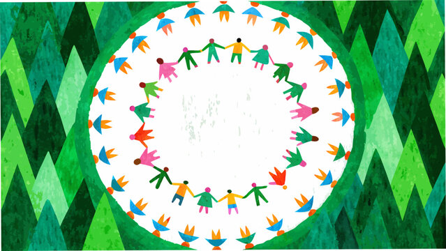 A vibrant illustration of people holding hands in a circle framed by trees