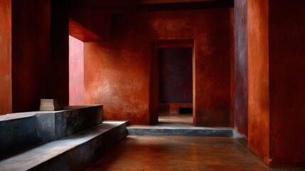 Fototapeta premium An empty room with terracotta walls, a concrete floor, and stairs. Light enters through a window on the left side of the frame. The wall is painted a dark red. 