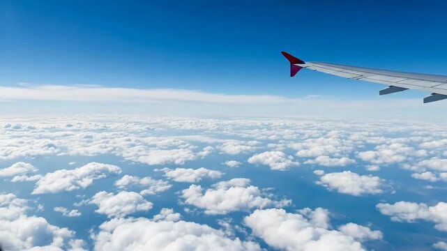 Aerial view of f white clouds from airplane window, showcasing travel and freedom.