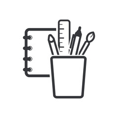 Isolated outline pictogram of binder book with cup holding pen, pencil, ruler, and brush, symbolizing craft, art, school, education.