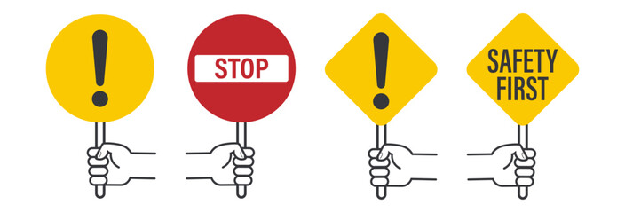 Bundle set of isolated outline caution icons in yellow and red, including stop, no entry, prohibition, safety, traffic, and warning signs.