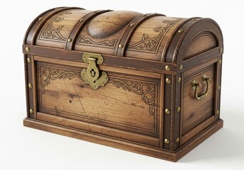 Ornate wooden storage chest with domed lid and antique metal hardware rests against a white background