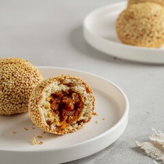 High-quality photo of traditional Indonesian onde-onde, whole and split open, showing melted palm sugar filling, crispy sesame texture, clean studio background.