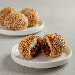 High-quality photo of traditional Indonesian onde-onde, whole and split open, showing melted palm sugar filling, crispy sesame texture, clean studio background.