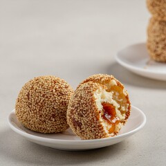 High-quality photo of traditional Indonesian onde-onde, whole and split open, showing melted palm sugar filling, crispy sesame texture, clean studio background.