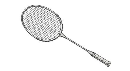 Professional badminton racket with fine stringing and a gripped handle depicted in a clean grayscale vector illustration style.