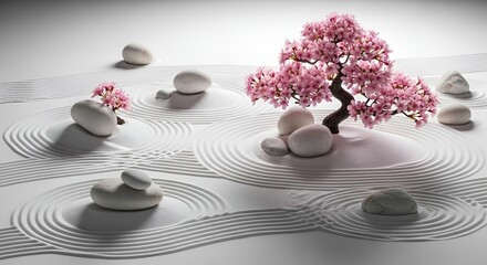 Serene Japanese garden scene with a blooming pink tree and stones in rippled sand