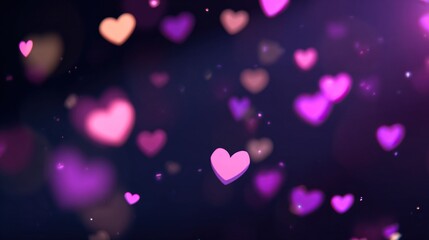 Glowing pink hearts floating on a black background, with cartoon cute heart-shaped bokeh, creating a romantic Valentine's Day atmosphere