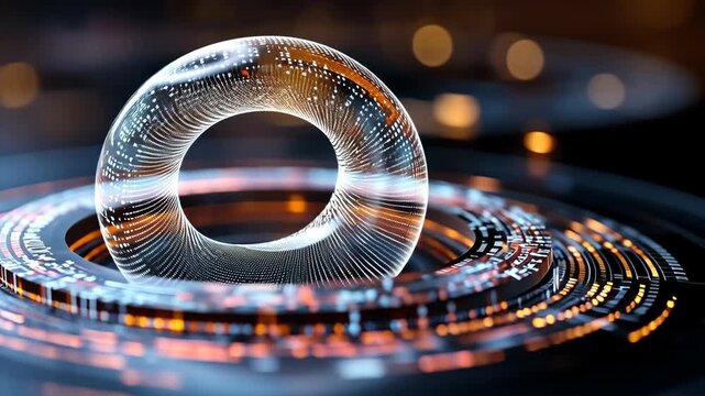 A spinning abstract digital data flow sculpture with glowing lines and binary code patterns in dark space. 4k Video footage.