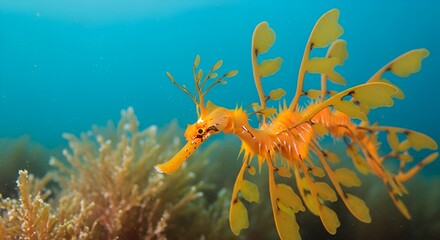 Vibrant orange leafy seadragon swimming near coral reef underwater