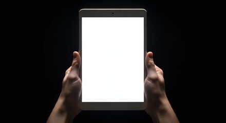 Hands holding blank tablet screen in dark