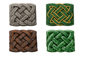 Four distinct celtic knot interlace patterns in different material styles: stone, rusty metal, embroidered fabric, and polished jade. Transparent background