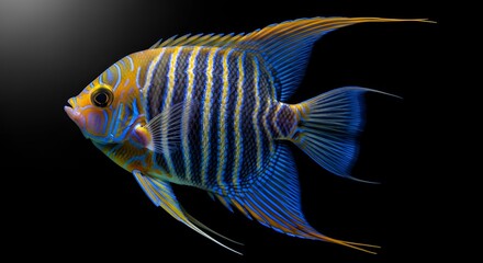 Vibrant striped fish with blue and yellow fins swimming in dark aquarium, close-up view from side, Image_fx reference