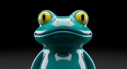 A close-up shot of a shiny teal frog toy with yellow eyes on a dark background, Image_fx - 2025-10-18T184901.369