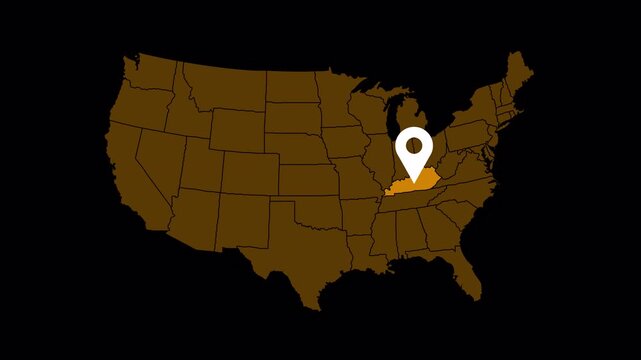 High quality 4K animation of the Kentucky state map with a location pin marker. Clean motion graphic suitable for navigation, travel, business location, presentations