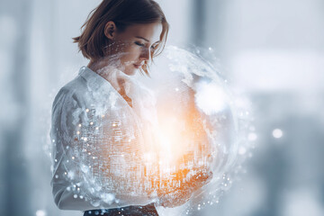 Businesswoman holds glowing digital sphere with city overlay and data network.