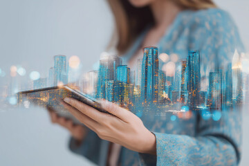 Woman uses tablet as city skyline double exposure suggests smart technology.