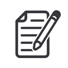 Isolated outline pictogram of paper and pencil icon, symbolizing stationery tools, education, school learning, writing, creativity, and academic study.
