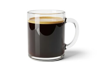 Hot brewed beverage with rich crema fills a clear glass mug set against a white background