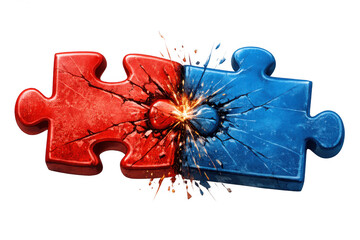 Puzzle pieces in red and blue colors impacting, shattering with sparks, representing concepts of collision, dispute, and rivalry