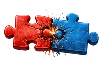 Puzzle pieces in red and blue colors impacting, shattering with sparks, representing concepts of collision, dispute, and rivalry