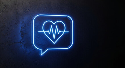 Glowing blue neon heart in speech bubble on dark texture, symbolizing health, communication and medical care, perfect for healthcare concepts