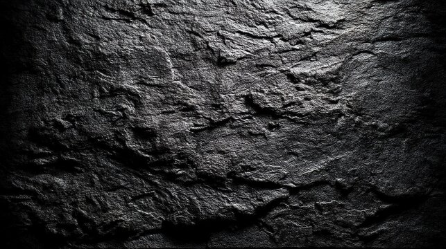 Rough stone texture on black background, top view shot with dark gray tone, high resolution, high quality, rich detail and high definition for design or texture use
