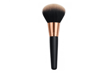 Face powder brush with rose gold ferrule and black handle, essential beauty tool for cosmetic application, transparent background