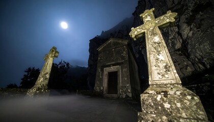 Cemetery Scene Under Full Moon with Stone Crosses and Building